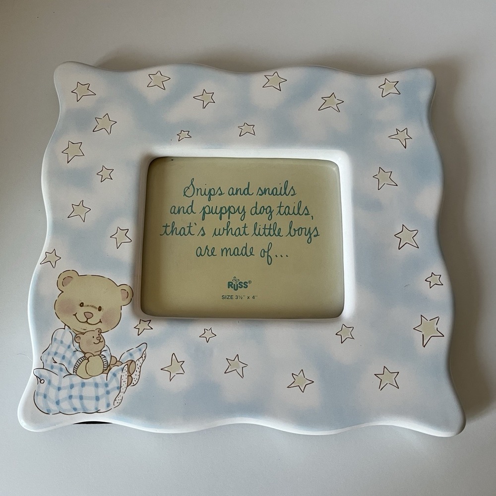 Russ Ceramic Picture Frame Fits 3.5"x4" Photo Bedtime Bears  & Stars Blue VTG